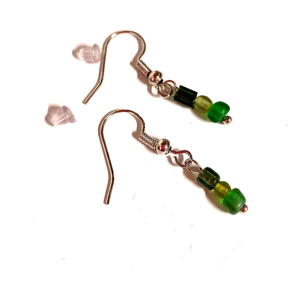 NEW Handmade Triple Bead Dangle Earrings - Green, 1-Inch Drop